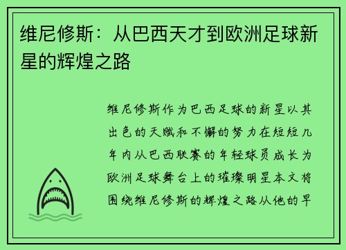 维尼修斯：从巴西天才到欧洲足球新星的辉煌之路